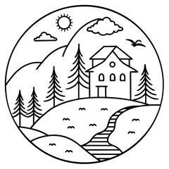 Minimalist Line Art Circle Landscape with House and Trees
