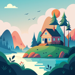 Serene Lakeside Cabin with Mountain Backdrop at Sunset