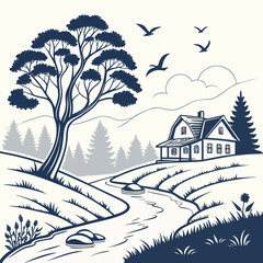 Silhouette landscape with house, river and stylized tree