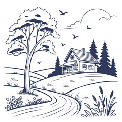 Silhouette of a rustic cabin and landscape with a prominent tree Keywords: landscape, rural