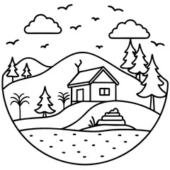 Simple house and trees in a circular landscape Keywords: house, home, building, nature
