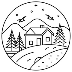 Simple Line Art Circle of a House on a Hill with Birds and Stars