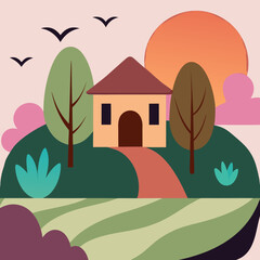 Simple House on a Hill with Wavy Fields and Sun Keywords: house, home, hill, landscape, fields