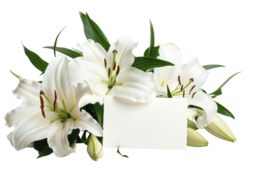 A bouquet of elegant white lilies with a blank card ready for a heartfelt message