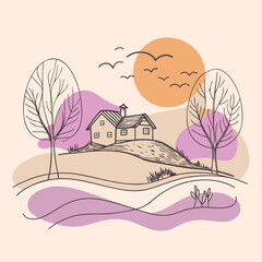Simple house on hill with trees and abstract shapes Keywords: house, home, hill, landscape