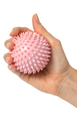 Pink spiky massage ball held in hand for muscle therapy and stress relief, fitness recovery tool isolated on transparent background