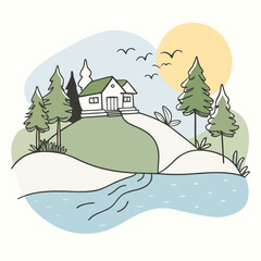 Simple line drawing of a house by a river with trees and sun