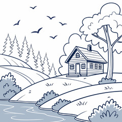Simple Line Drawing of a Lakeside Cabin and Landscape
