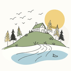 Simple Line Art of a Green Hillside Cabin with Yellow Sun