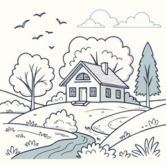 Sketchy Countryside Scene with House and Winding River