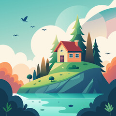 Small cabin on a steep green hill with a vibrant sunset sky