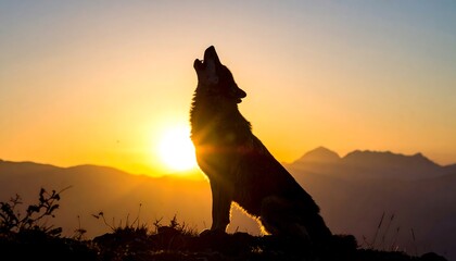 Silhouette of a wolf howling at a sunrise over a mountain range