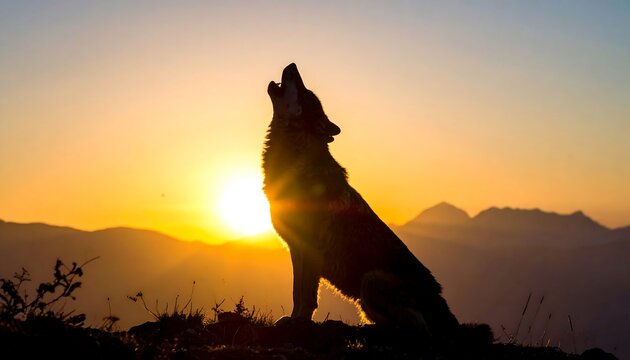 Silhouette of a wolf howling at a sunrise over a mountain range - Powered by Adobe