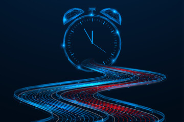 The winding road leading to the alarm clock. The blue and red streams symbolize the movement of data, energy and time, combining the concepts of speed, technology and the passage of time.