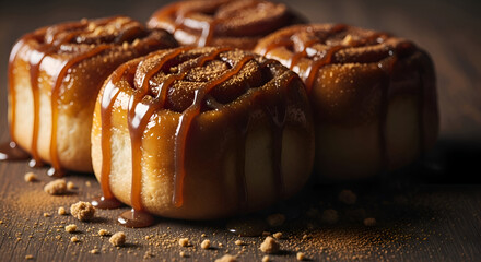 Delicious Cinnamon Rolls Covered In Caramel Sauce, Perfect For Breakfast Or Dessert