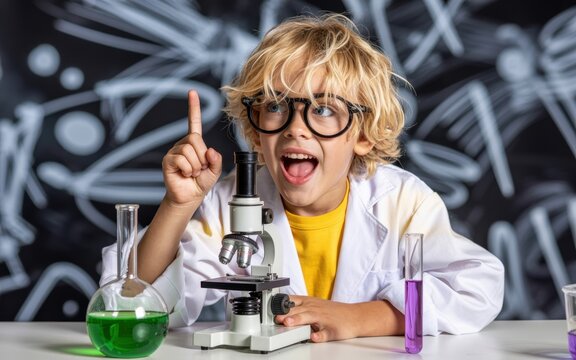A young boy in a lab coat with glasses pointing up next to a microscope and beakers on a table - Powered by Adobe