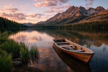 Obraz premium Serene Idaho Nature: Fishing Boat on Little Redfish Lake at Sunset with Majestic Mountains in Background
