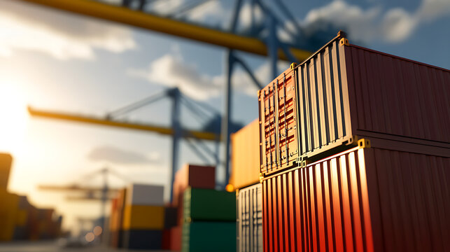 Stacked shipping containers at a busy port. Intermodal transport and global commerce visualized. Bright sunlight and heavy equipment in the background.