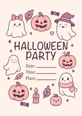 Cute Halloween party invitation with ghosts, pumpkins, and candies
