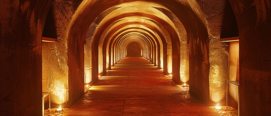 Mystical Long Tunnel Perspective with Arches and Ambient Lighting Design