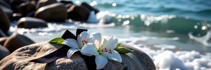 Serene Coastal Memorial Black Ribbon