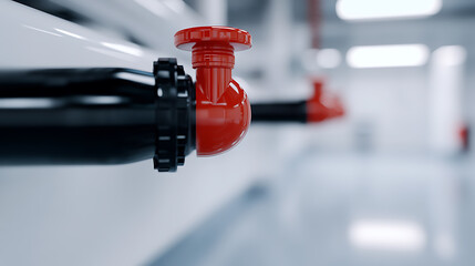 Pipes in a clean, modern setting. Red valves contrast against the dark pipes, creating a focal point in the industrial or medical environment.