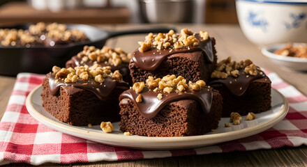 Delicious Chocolate Brownies Drizzled With Rich Ganache And Sprinkled With Toasted Nuts