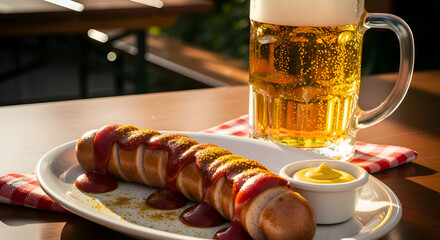 Delicious Currywurst With Beer Enjoyed Outdoors On A Sunny Day Delicious
