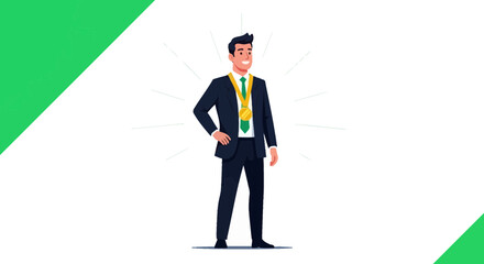 Successful Businessman Proudly Displaying His Achievement, Gold Medal Award Winner