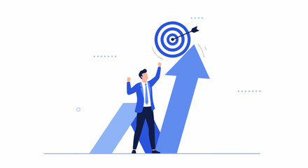 Successful businessman reaching his goal by climbing the upward trend arrow illustration