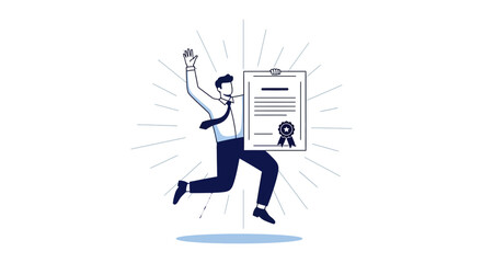 Fototapeta premium Successful businessman celebrates with a certificate and jumps with joy, vector design