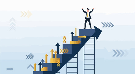 Successful Businessman Celebrating on top of a Growth Arrow Ladder over a Blue Gradient