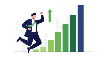 Successful Businessman Celebrating Progress, Financial Growth Depicted on the Rising Charts