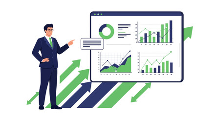 Successful Businessperson Presenting Financial Data and Growth on Digital Display