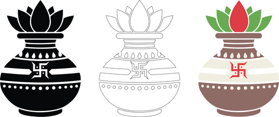 Hindu Kalash vector icon set with Swastika symbol and Lotus flower, traditional Indian holy pot