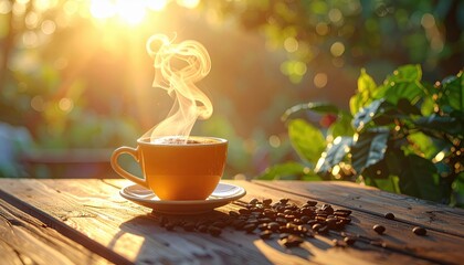 Freshly brewed coffee in a yellow mug sits on a wooden table with scattered coffee beans; steam rises, and the background reveals blurred green foliage, illuminated by warm sunlight creating a...