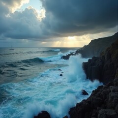 Obraz premium Turbulent Championship Waves Crash Against Rocky Coastline Under Dark Stormy Skies