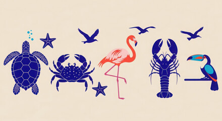Collection of marine and tropical animals including a turtle crab flamingo lobster toucan and birds isolated on white background