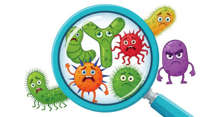 Cartoon magnifying glass revealing a group of diverse and expressive cartoon germs and bacteria isolated on white background