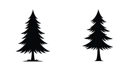 Simple black silhouettes of two evergreen trees on a white background