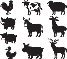 Farm Animals Silhouette Collection Diverse Vector