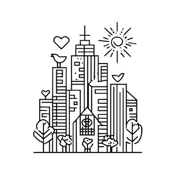 Cityscape skyline vector illustration with buildings trees sun hearts and bird line art design for graphics