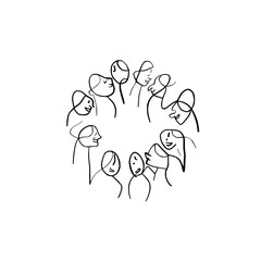 Fototapeta premium Line art drawing of group of people circle community connection social gathering teamwork unity illustration