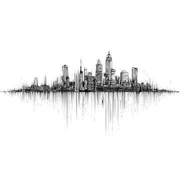 Cityscape sketch skyline illustration of urban architecture with building and skyscraper design in black and white