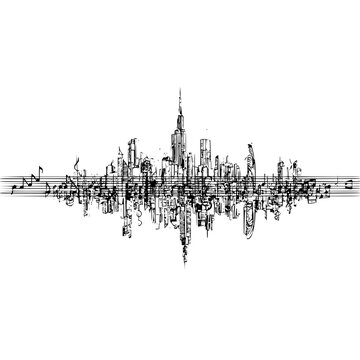 Cityscape skyline music notes illustration for architectural and musical themed design projects and backgrounds