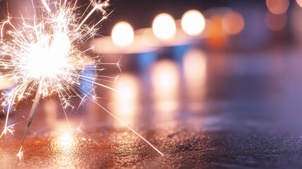 A lit sparkler glowing beside tealight candles on a reflective surface. A festive Diwali close‑up symbolizing the Festival of Lights, joy, and celebration.