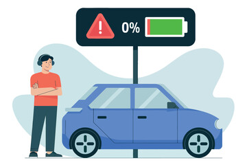 Man standing next to electric car with fully drained battery indicator displaying 0 percent charge isolated on white background