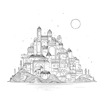 Drawing illustration of a fantasy city skyline with towers and buildings architecture landscape art design