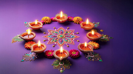 Colorful rangoli with lit diyas and decorative flowers on a purple background. A cultural Diwali image symbolizing prosperity, spirituality, and tradition.