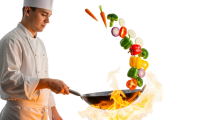 A chef skillfully prepares a meal in a wok, with vibrant vegetables dramatically tossed in the air over a blazing flame, showcasing culinary artistry